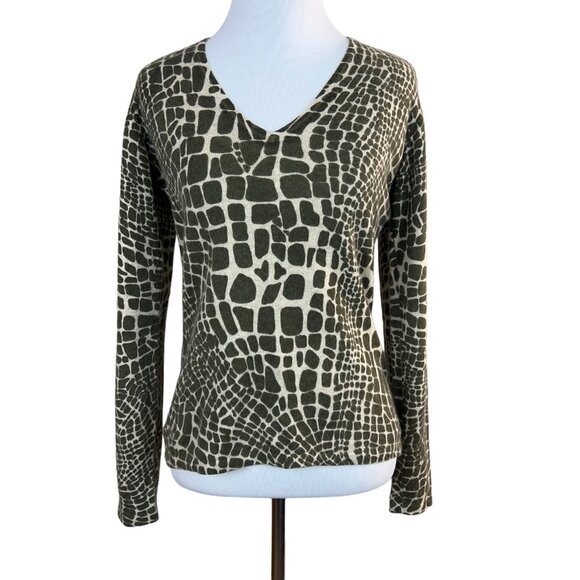 Neiman Marcus Sweater Women Medium 100% Cashmere Animal Print Long Sleeve V-Neck - Picture 1 of 9